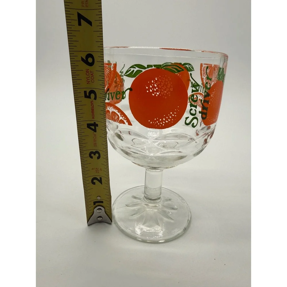 Vintage Screwdriver Cocktail Glass Oversized Orange‎ Graphic Footed Goblet 6in